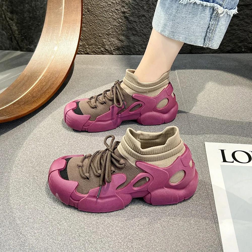 2024 Autumn Women's Vulcanize Shoes Outdoor Flat Air Mesh Anti-slip Shoes for Women Light Causal Lace-up Platform Women Sneakers