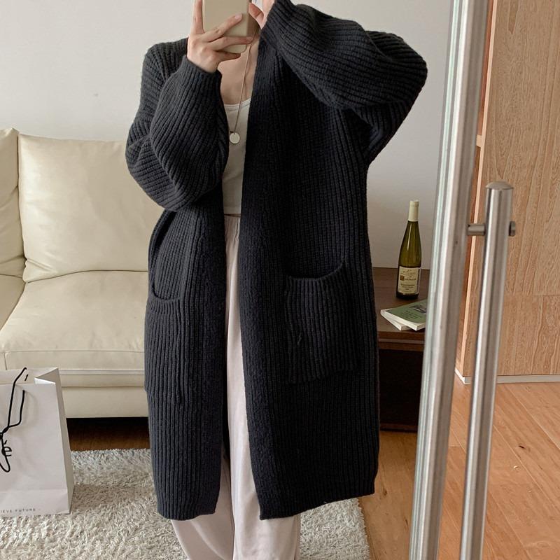 

Свитер из грубой шерсти женский свободный ленивый ветер средней длины кардиган женская одежда осень и зима простой большой карман вязаная куртка One size чёрный