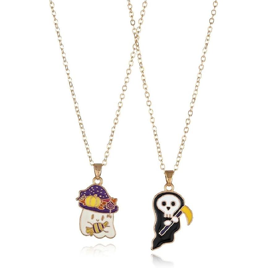 2Pcs Halloween Necklaces for Women Men Best Friend Skull Pumpkin Necklaces Smiling Pumpkin Couple Necklaces Cat and Pumpkin Necklaces Cute Ghosts A.