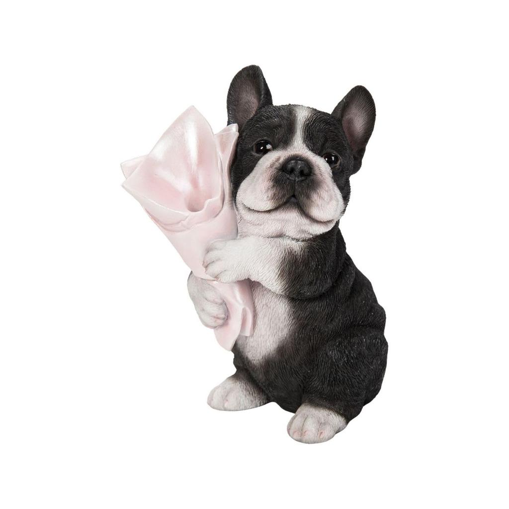 Ubia Black and White French Bulldog Holding a Bouquet in a x 10 x 19 Garden Vase, 14.5 cm, Figurine, Animal, Decor, Dog, H21241-1