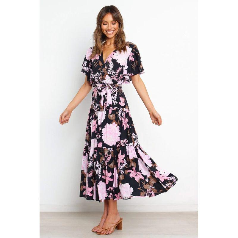 

Dress Bohemian V-neck Swing Short Sleeve Dress Black M