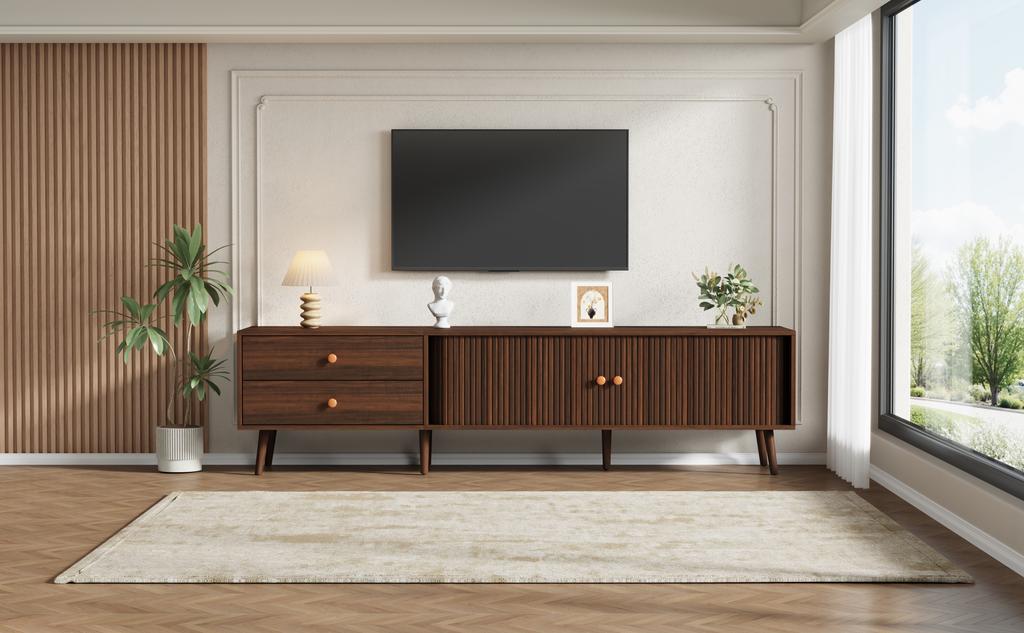 Mobile TV Grande 180 x 40 x 46,5 cm Effetto Legno di Noce con Due Cassetti, Due Ante a Rullo e 7 Piedi di Supporto. Adatto per TV fino a 80 pollici.