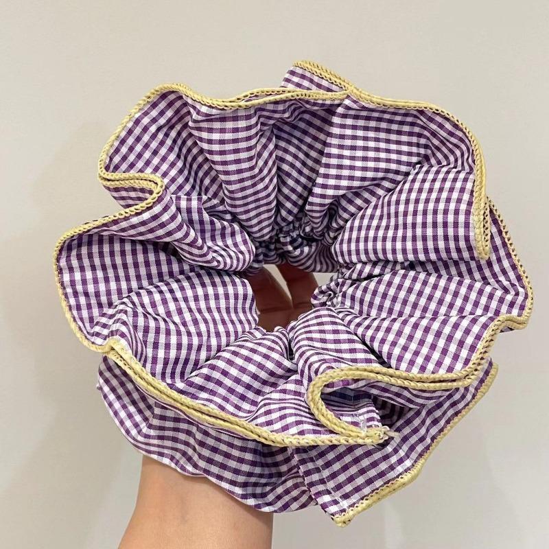 Retro Colorful Lattice Ruffles Hair Scrunchies Headbands for Womens Girls Sweet Romance Hair Rope Rubber Band Hair Accessories