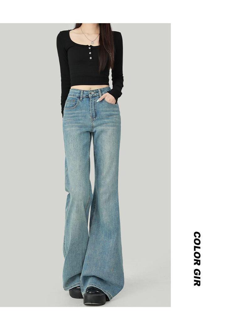 Women's 2025 Slim Fit Light Blue Micro Flare Floor-Length Bell Bottom Jeans