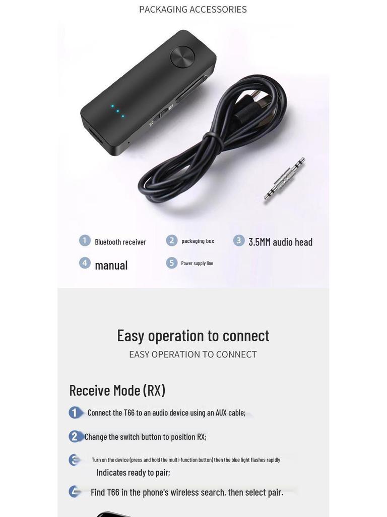 T66 AUX Bluetooth 5.0 Car Adapter: 2-in-1 Wireless Audio Receiver & Transmitter