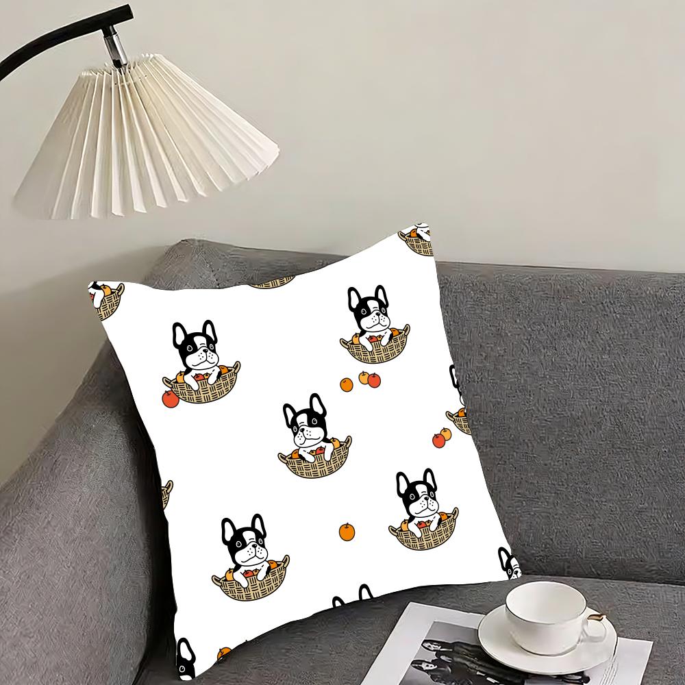 Cartoon French Bulldog Pattern Cushion Cover Reversible Plush Pillow Cover – For car, sofa, bedroom, perfect as a gift.