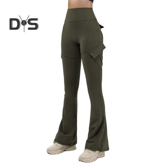 Women Flared Pants Elastic High Waist Wide Leg Casual Trousers with Flap Pockets Solid Color Cargo Pants Daily Wear