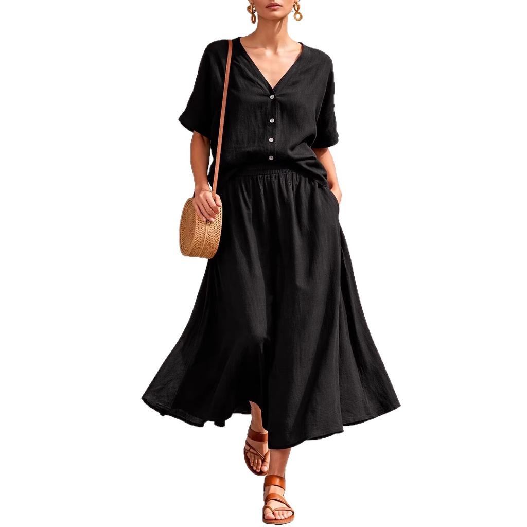 2026 Cross-border Foreign Trade Spring/Summer New Cotton-Linen V-Neck Buckle Button Short-Sleeve Top and Skirt Set