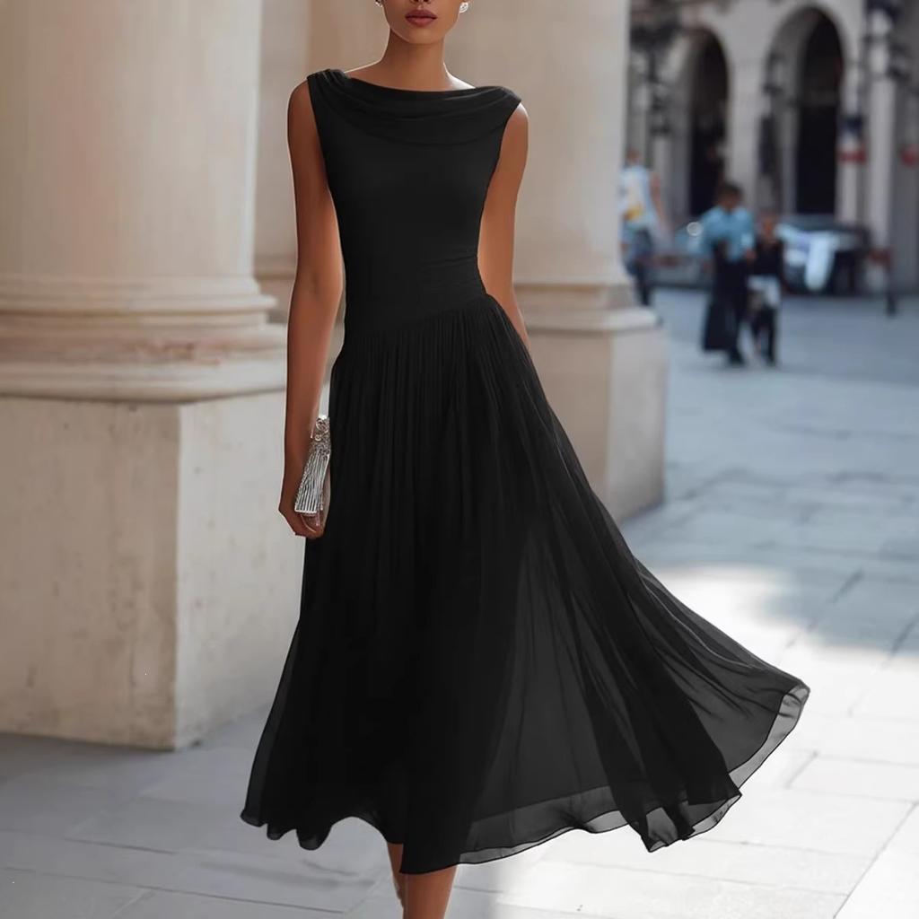 Maxi Abito da Donna Senza Maniche Scollo a Cascata Vita Media Elegante Monocolore Chiffon Pieghettato Abito da Sera per Festa Vacanza Primaverile