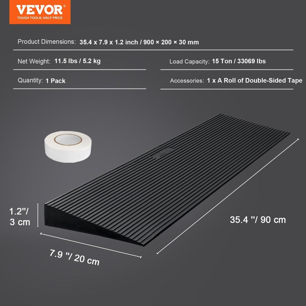 1.2" Rise Cuttable Threshold Ramp for Sweeping Robot, 35.4" Wide Natural Rubber Wheelchair Ramp, Non-Slip Solid Rubber Ramp with Double-Sided Tape for