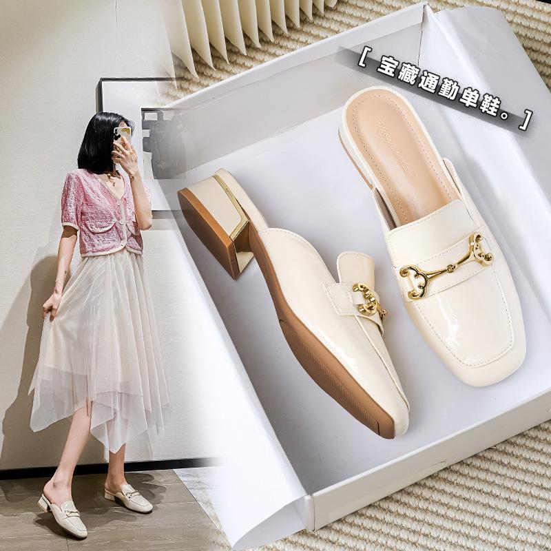 

Туфли на грубом каблуке, сумка на голову, женские весенние новинки для улицы, высококлассные, универсальные, ленивые шлепанцы, полуподнос большого размера 32 абрикосовый