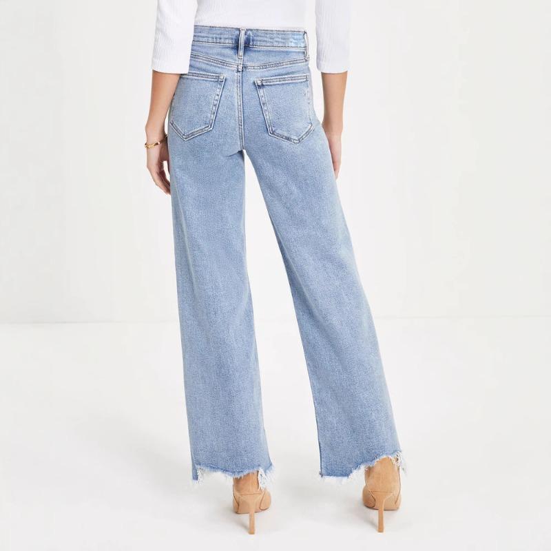 Summer new women's denim trousers with irregular fringes on the feet Simple casual wide-leg trousers for women