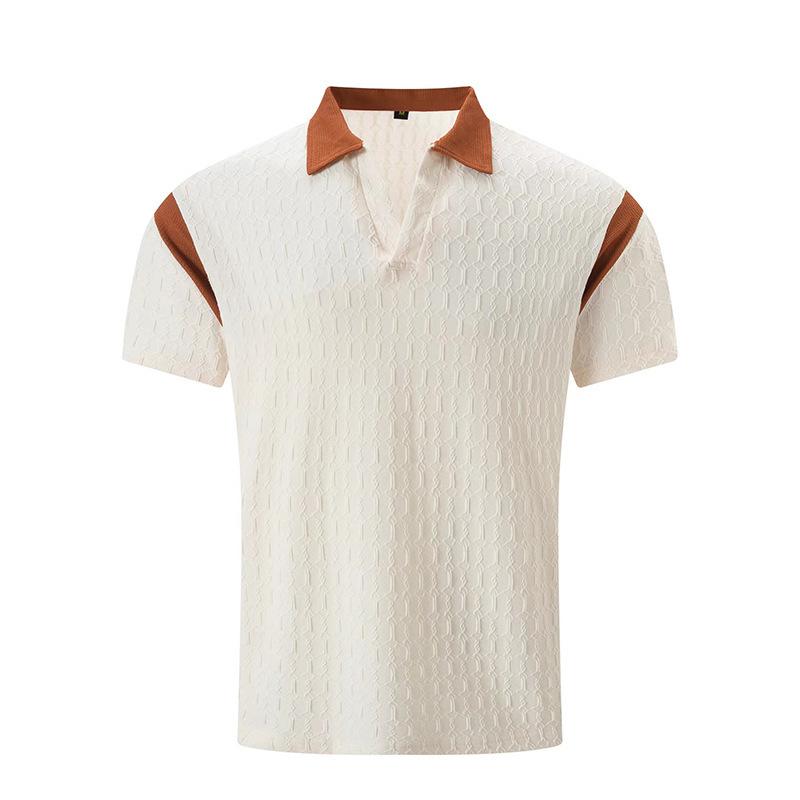 Summer new slim fit polo shirt men's jacquard color blocked collar men's short sleeved shirt