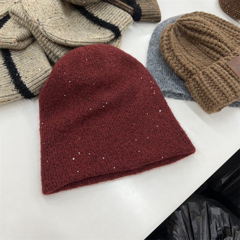 Thickened Silver Sequined Wool Double-layer Knitted Hat Children's Winter Warm Elegant Plain Literary Wool Stacking Hat