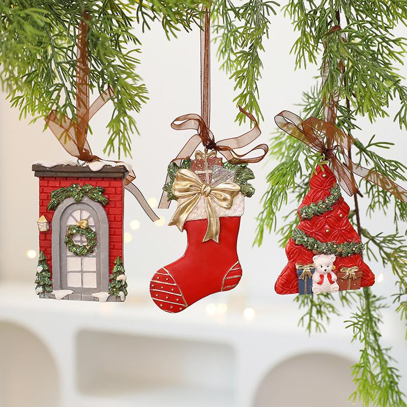 Ornament Tree Christmas Resin Vintage Bell Bow Wreath Christmas Stocking Pendant