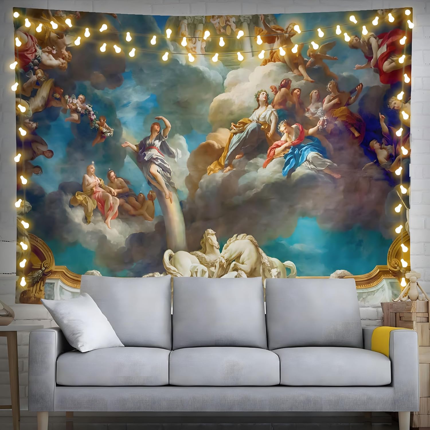 Vintage ParisPalace Renaissance Tapestry with Angels Ceiling Wall Hanging for Academia Room Decor Painting Aesthetic Art God 74x94cm(29x37in)
