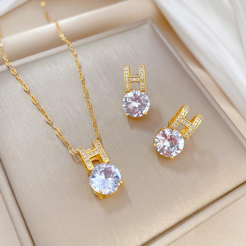 Letter Zircon Necklace Earrings Set Light Luxury Micro-Inlaid Personalized Temperament Banquet Earrings Necklace Combination