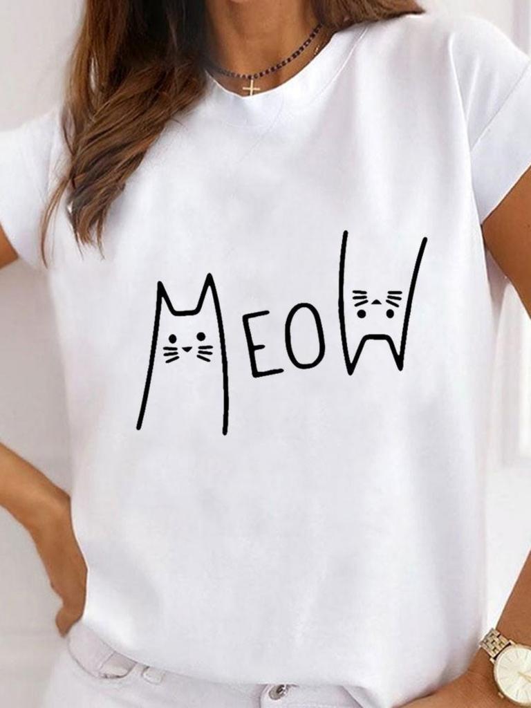 Fashionable Cartoon Cat Printed Womens Tshirt Fashionable Round Neck Top Casual Short Sleeved Womens Clothing