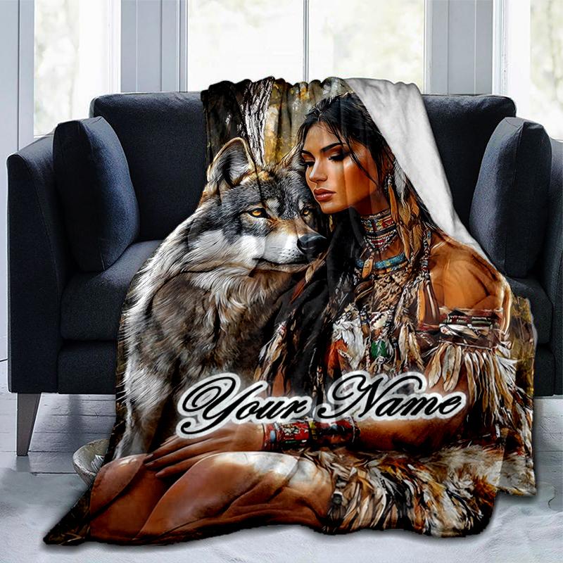 1PC Custom Name Wolf Native Beauty flannel blanket versatile,all-season throw suitable for the living room,bedroom,camping,travel,and gift
