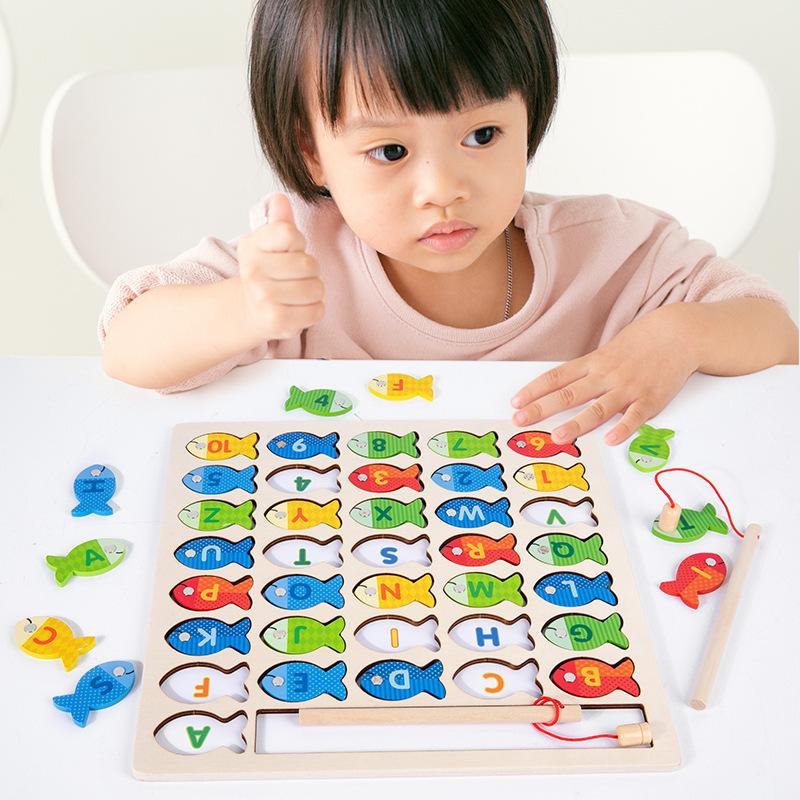 Montessori Educational Toy Wooden Fishing Puzzle Board Game Magnetic Fish Letter Digital Cognize Toy for Kids Preschool Learning