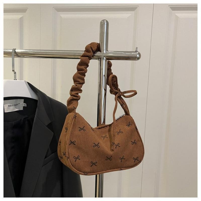 Women's Fashion Bow Print Corduroy Hobo Bag Wide Soft Ruched Strap Large Capacity Multi Color for Daily Commute Travel