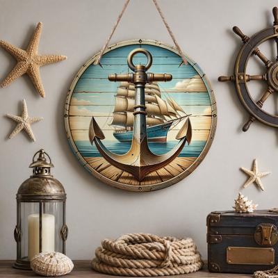 Dekoratives Hängeschild Leichtes Holz-Wandkunstschild mit Marineelementen Steuerrad Rettungsring