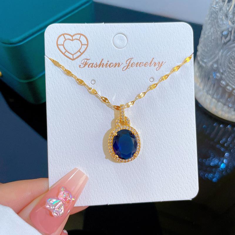 Stainless Steel Chain Classic Oval Crystal Zircon Pendant Necklace for Women Vintage Luxury Jewelry Gifts