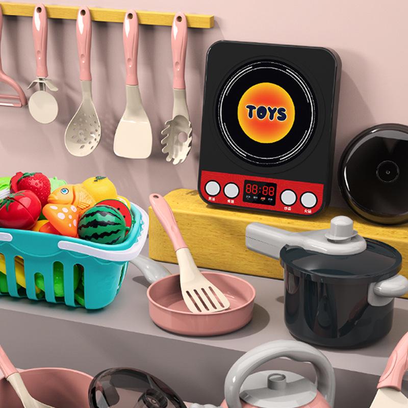 Large Pink Simulation Kitchen Playset for Kids: Includes Pressure Cooker, Induction Cooker, and Rice Cooker for Boys and Girls.