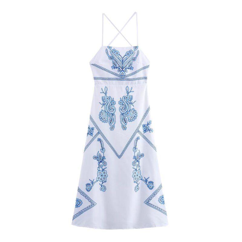 Fashion Style 2024 Summer New Women's Clothing Stylish Sling Easiest for Match Embroider Midi Skirt Dress 5107259