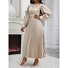 European & American Style Waist-Cinching Solid Color Pleated Dress - Loose Fit, Long-Sleeved, Summer Collection for Women
