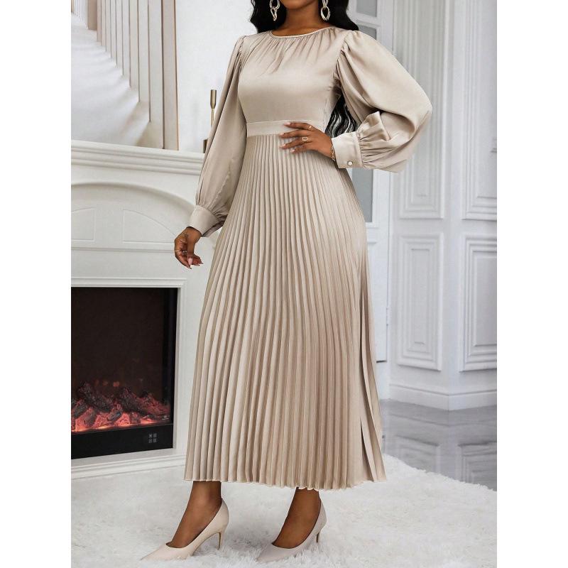 European & American Style Waist-Cinching Solid Color Pleated Dress - Loose Fit, Long-Sleeved, Summer Collection for Women