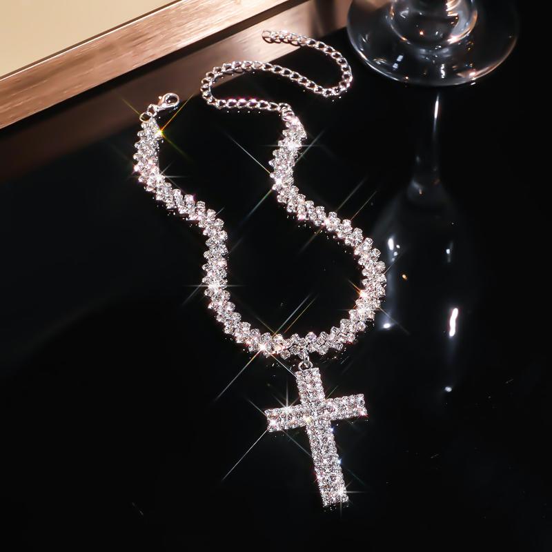 Elegant Luxury Inlaid Synthetic Zirconia Hip Hop Cross Necklace For Women Girls Sparkling Pendant Party Jewelry Birthday Gift