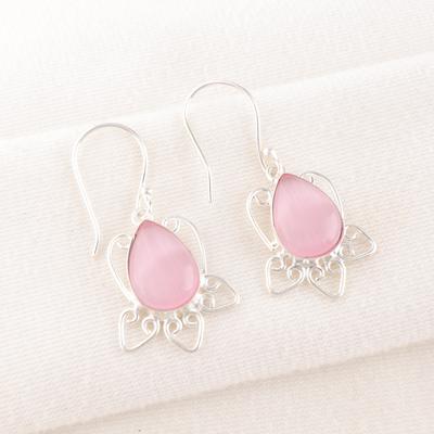 Pink Cat's Eye Gemstone Jewelry, 925 Solid Sterling Silver Earrings, Handmade Silver Earrings For Wedding Gift