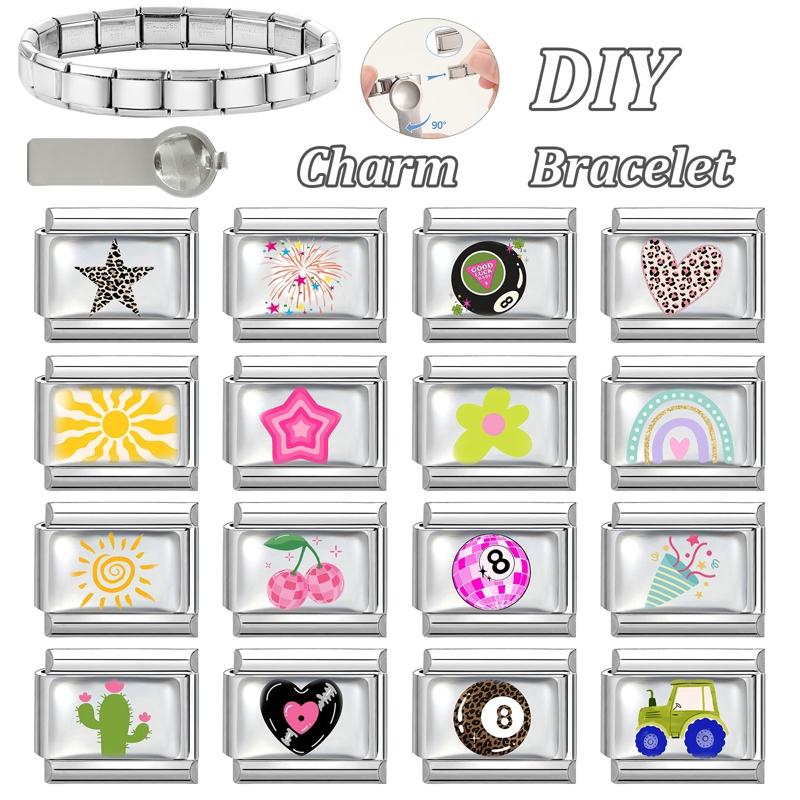 Y2K Colorful Charm Sun Leopard Heart Star Ball Fruit Flower Italian Charm Links Fit 9MM Stainless Steel Bracelet DIY Making Gift