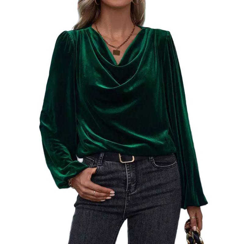 Women Swing Collar Long Sleeve Velvet Top