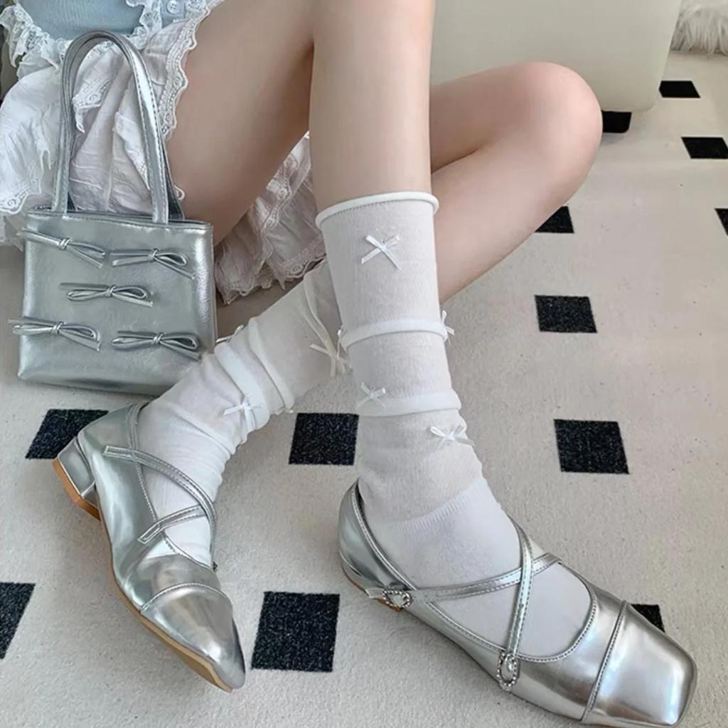 Women's Stockings High Quality Modern New Simple Cute Japanese Style Long Women Socks Mesh Bow Sweet Knee High Socks Thin White
