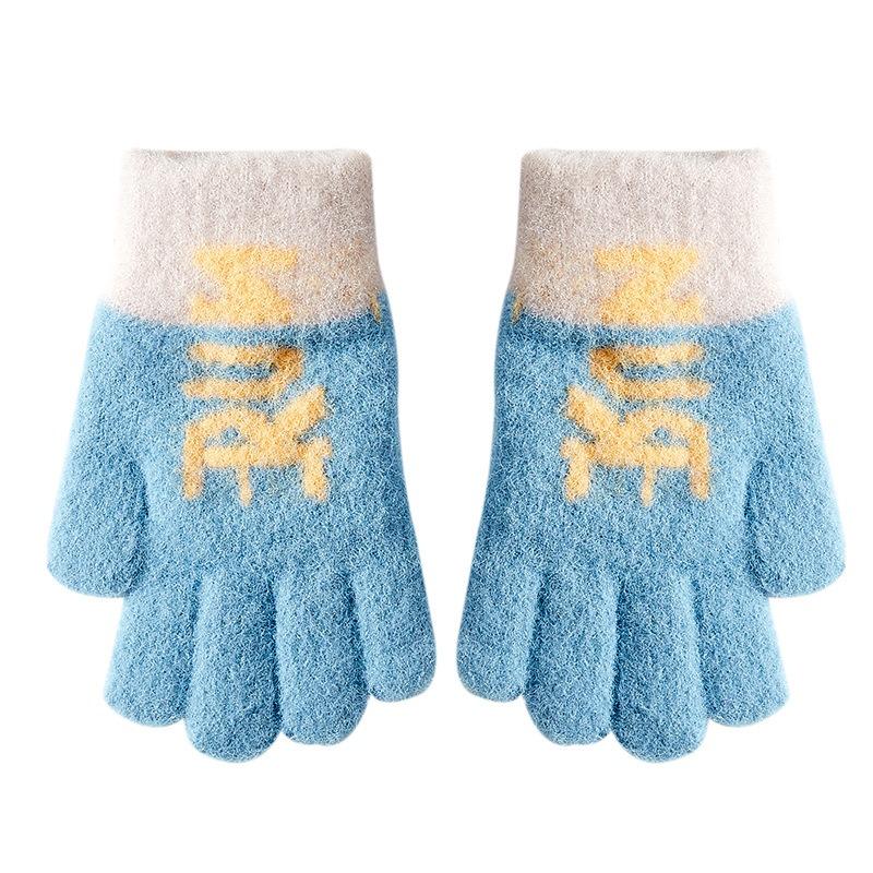 Winter New Children's Winter Warm Gloves Full Finger Letter Jacquard Boy Boy Five Fingers Cute Student Knitting