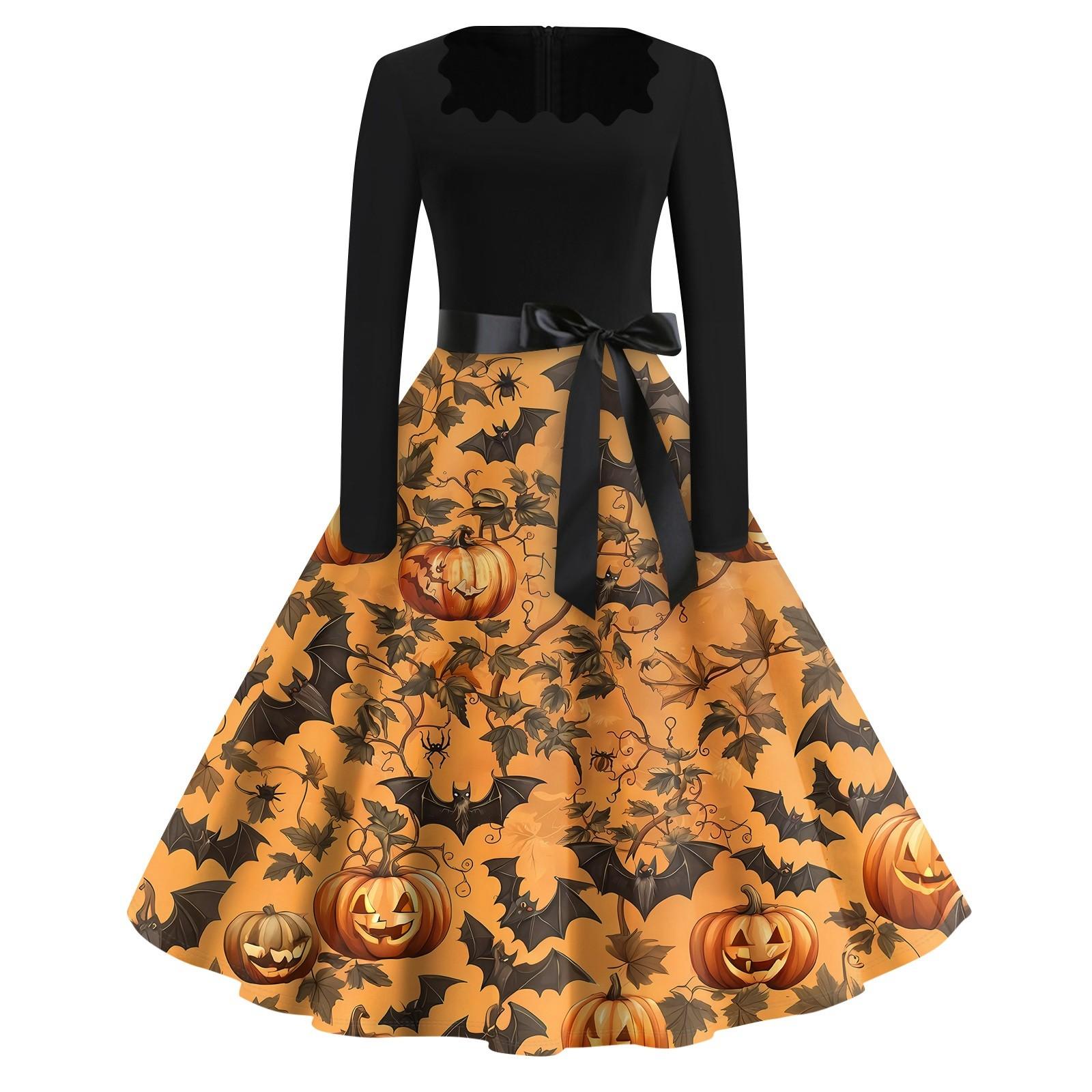 

Платье с расклешенным принтом на Хэллоуин для женщин, платье с длинным рукавом, полые вечерние повседневные платья L оранжевый