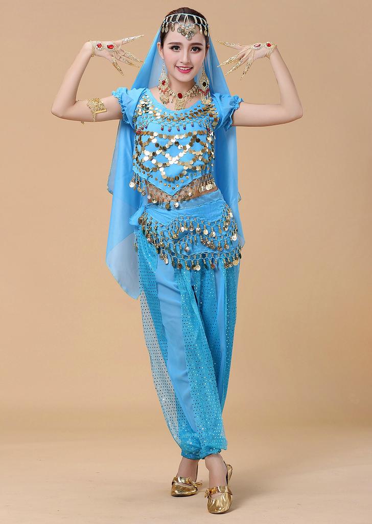 Cosplay Halloween Aladdin Kostüm Hosen Typ Bauchtanz Kostüm 4-teiliges Set Kostüm Jasmin Aladdin Stil Kostüm Himmelblau