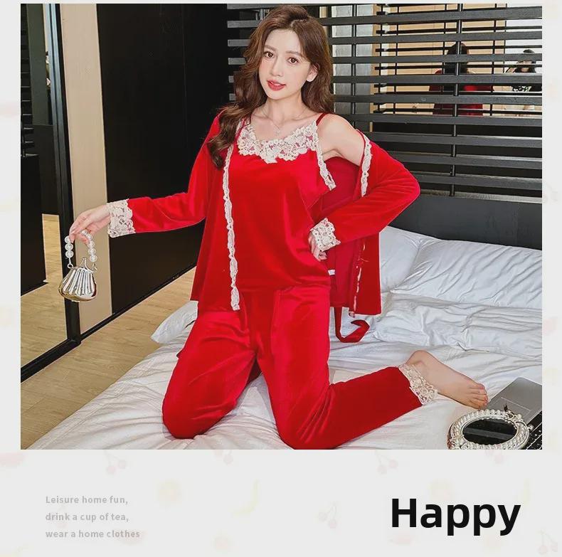 Korean Velvet Lace Pajama Set: Winter 3-Piece Women's Sling Suit