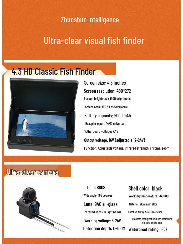 4.3/5" English-Russian Visual Fish Finder HD Night Vision Underwater Camera for Fishing