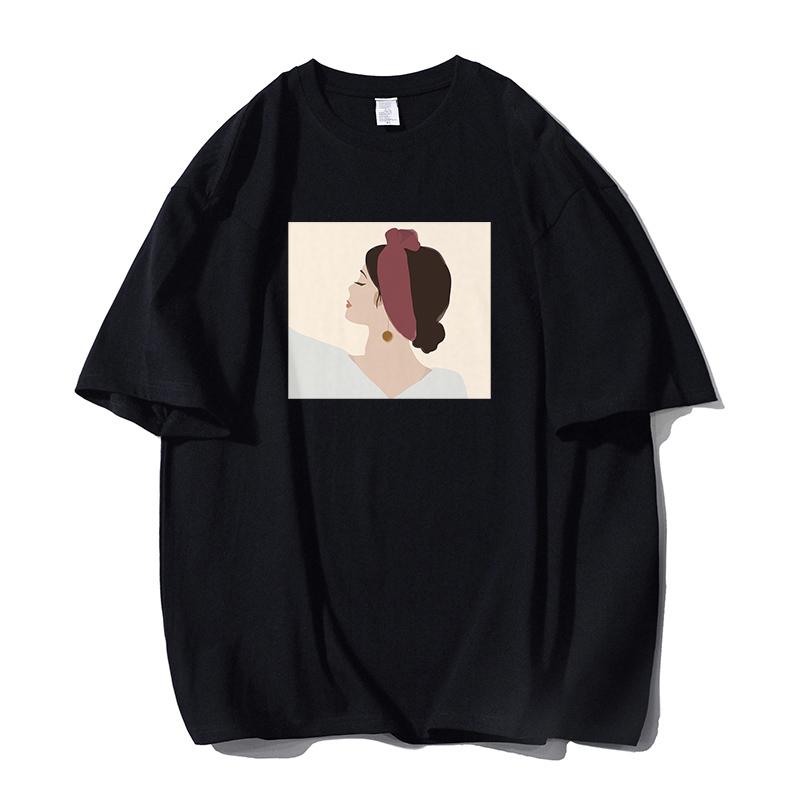 Shellsuning Oversized Casual O-neck Printed T-shirt dla kobiet 2023 Lato Proste All-match Dziewczyny Koszulki 100% Bawełna Miękki Top Podstawowe Harajuku Pary Topy