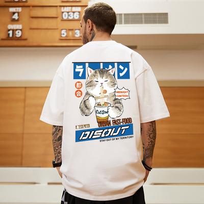 Cat Eats Ramen Midnight Canteen Print Mens Cotton T-Shirts Japanese Harajuku Casual Clothing Oversize All-math Man Short Sleeve