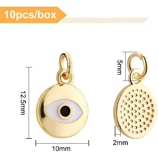 BENECREAT 10Pcs 18K Gold Plated Evil Eye Enamel Charms Flat Round Pendants with Jump Rings for DIY Necklace Bracelet Jewelry Making