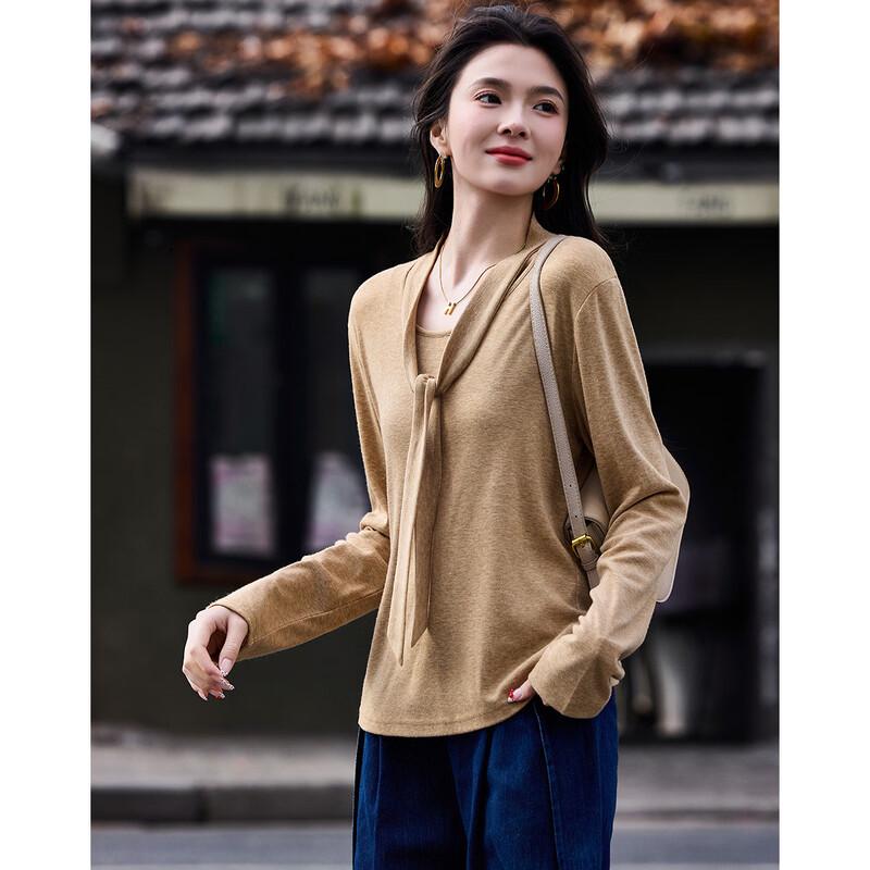 Women's Elegant Slim Fit Round Neck Ribbon Long Sleeve T-shirt