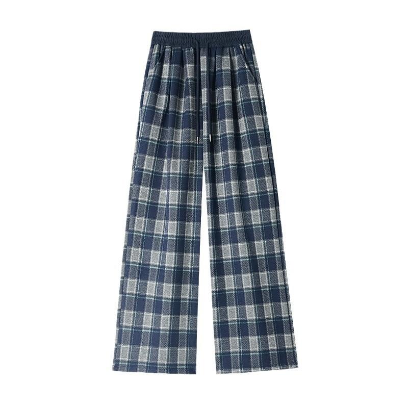 Plaid straight-leg pants women's autumn and winter velvet versatile soft waxy drape casual thermal pants