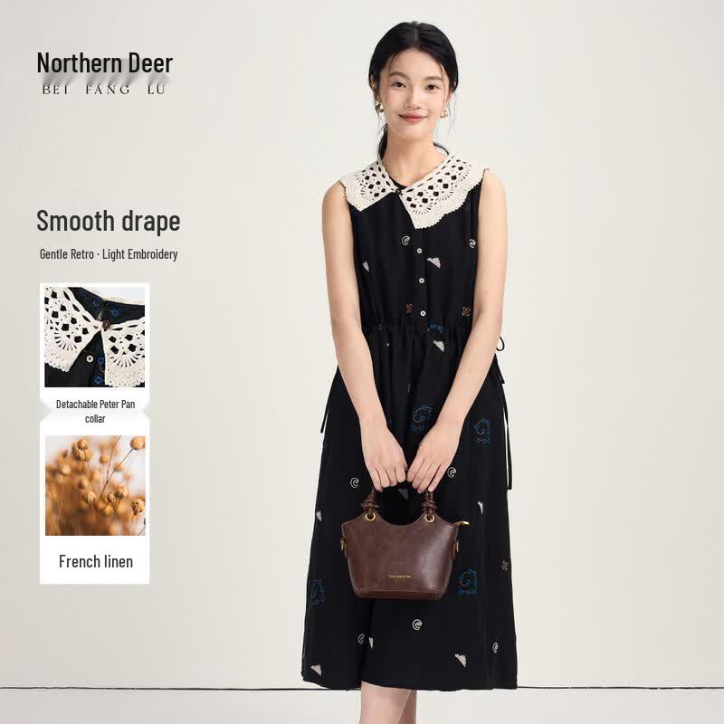 Northern Deer Lyocell Linen Embroidered Sleeveless Floral Dress with Detachable Collar M чёрный