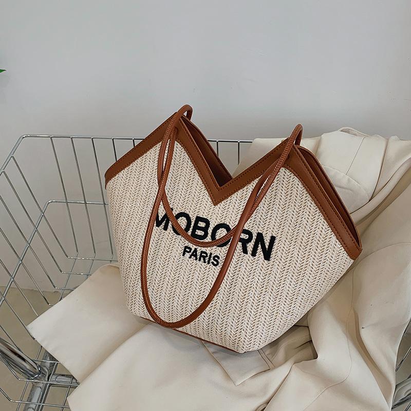

Large capacity woven bag women s 2025 new summer versatile casual shoulder bag high-end straw seaside beach bag коричневий