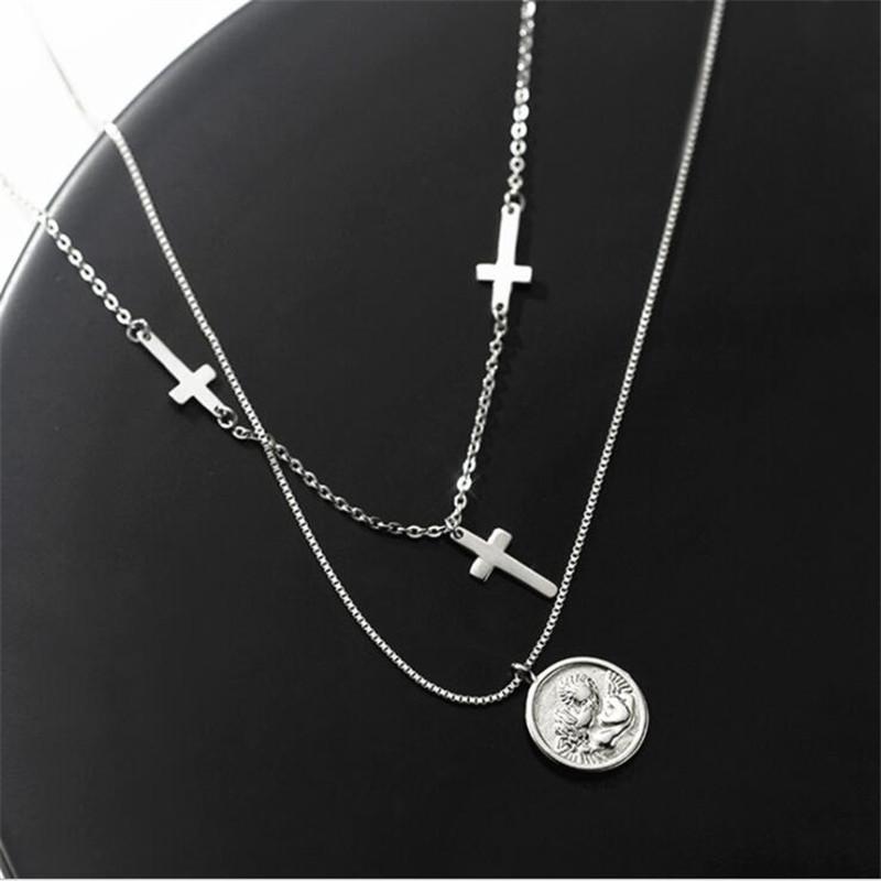 

New Temperament Round Brand Angel Female 925 Sterling Silver Jewelry Personality Double Cross Pendant Necklaces TYB367 серебряный