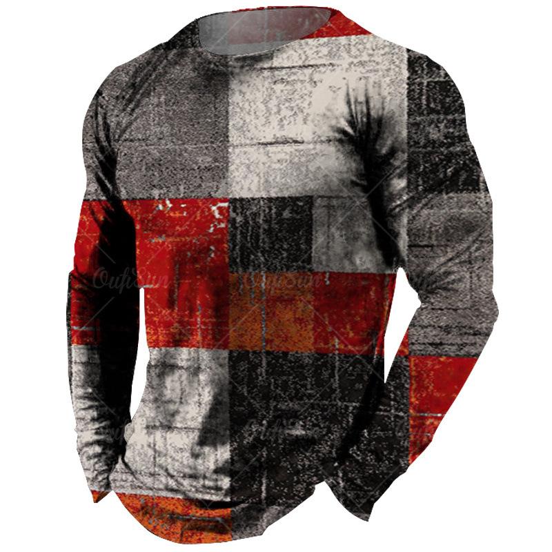 Round Neck 3D Irregular Color Matching Printed Top Fashionable Casual Long Sleeved Men's T-shirts